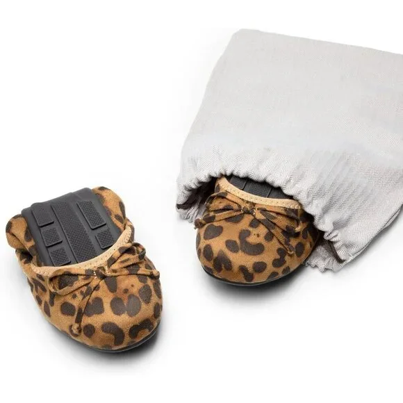 Women's Leopard Flats Foldable Ballet Bowknot Round Toe Comfort Light Weight - Picture 4 of 9